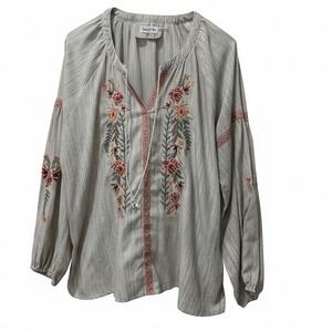 Time for Me women size XL Embroidered Tunic Blouse Beige Stripe Boho